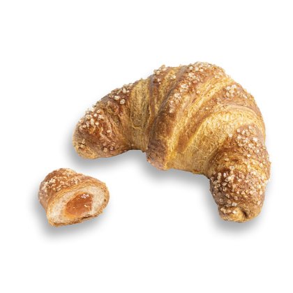 Croissant dorado cubierto con azúcar gruesa, con un trozo más pequeño cortado que revela relleno de albaricoque.