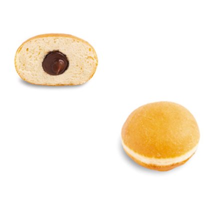 Rosquilla rellena dorada y redonda, mostrada entera y cortada por la mitad revelando relleno de chocolate