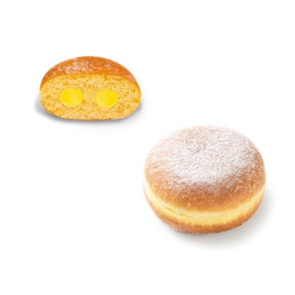 Rosquilla espolvoreada con azúcar glas junto a un corte que muestra dos bolsas de crema pastelera amarilla.