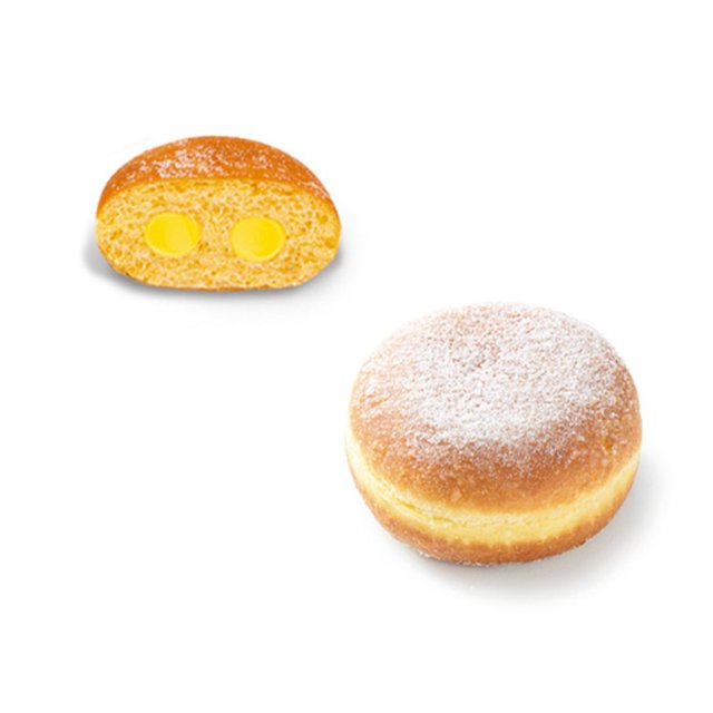 Rosquilla espolvoreada con azúcar glas junto a un corte que muestra dos bolsas de crema pastelera amarilla.