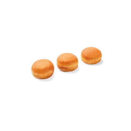 Tres donut holes lisos, sin relleno ni cobertura, dispuestos en diagonal sobre fondo blanco.