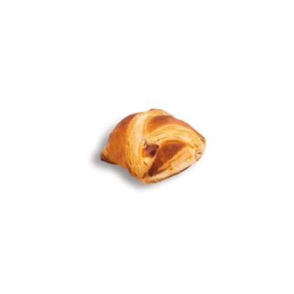 Mini croissant dorado con un toque de relleno de mermelada roja asomando, fondo blanco