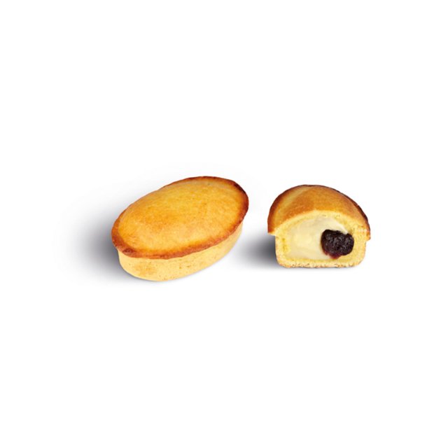 Dos bizcochos ovalados, uno entero y otro cortado mostrando relleno de crema con baya oscura en el centro.