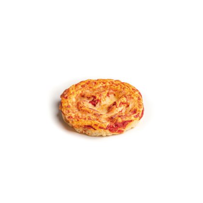 Mini pizza redonda con queso derretido y salsa de tomate, borde dorado, fondo blanco