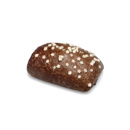 Mini pan de jengibre glaseado con sprinkles de azúcar en forma de estrella, sobre fondo blanco