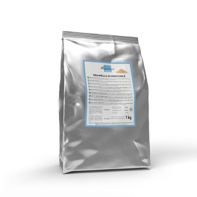Bolsa plateada de 1kg Martini Granella di Nocciole, avellana picada, etiqueta azul, fondo blanco