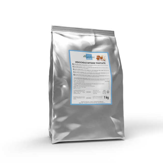Bolsa doypack plateada de 1 kg de avellanas enteras tostadas Martori (Nocciole Intere Tostate), etiqueta azul claro.