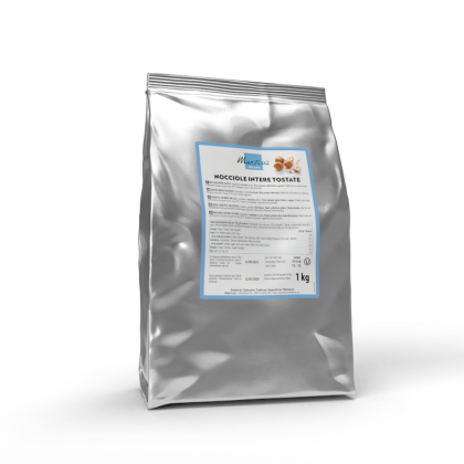 Bolsa doypack plateada de 1 kg de avellanas enteras tostadas Martori (Nocciole Intere Tostate), etiqueta azul claro.