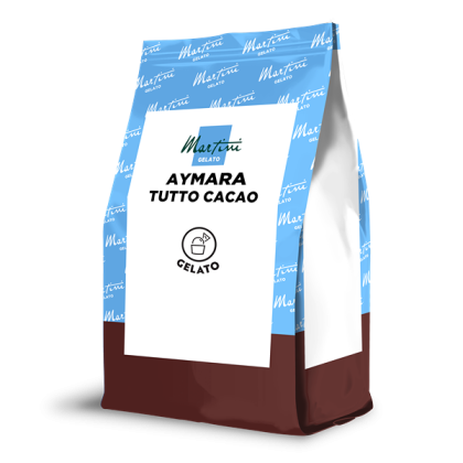 Bolsa doypack de la mezcla Martini Gelato Aymara Tutto Cacao, envase marrón y azul claro, etiqueta blanca.
