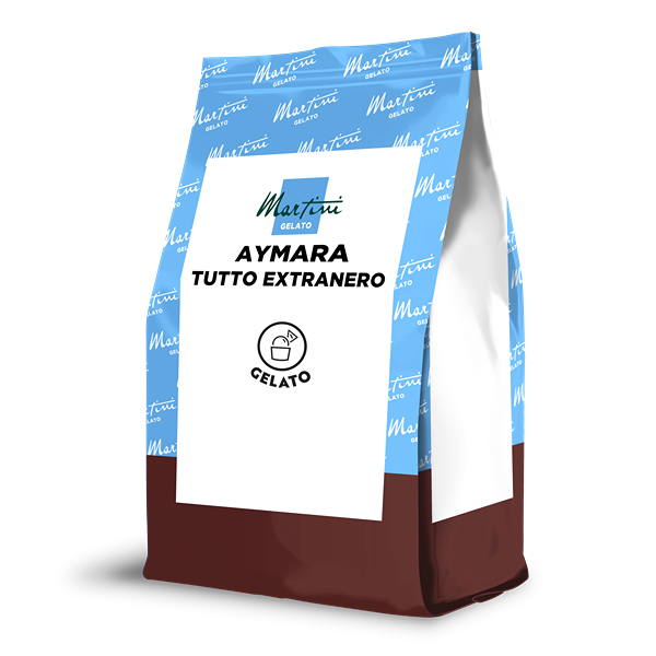 Bolsa doypack azul y marrón de Martini Gelato Aymara Tutto Extranero, con etiqueta blanca e icono de cuchara de helado.