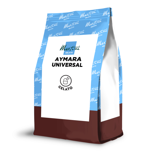 Bolsa doypack de Martini Gelato Aymara Universal, parte superior azul estampada y parte inferior marrón con etiqueta ...