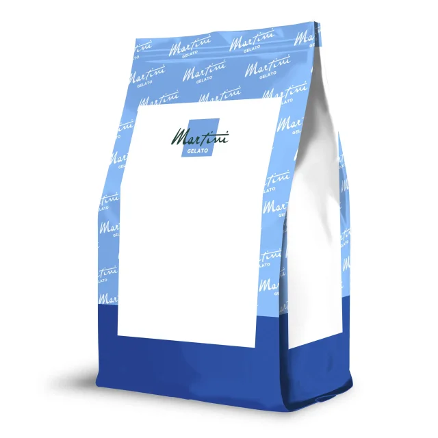Bolsa doypack azul y blanca con el logo "Martini Gelato" en etiqueta blanca en blanco, maqueta de producto.