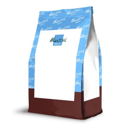 Mockup de bolsa doypack azul y marrón con etiqueta blanca y logo "Martini Gelato"