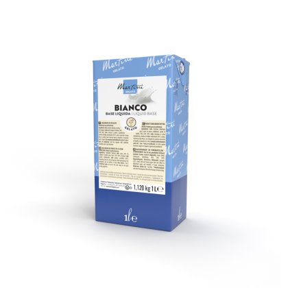 Envase azul y blanco de 1 litro de la base líquida Martini Gelato Bianco para heladería profesional.