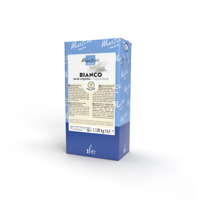 Envase azul y blanco de 1 litro de la base líquida Martini Gelato Bianco para heladería profesional.