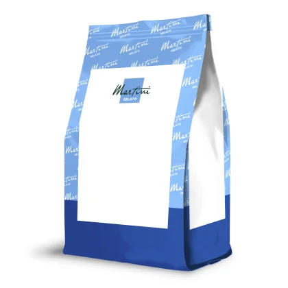 Bolsa doypack azul y blanca con estampado repetido "Martini Gelato" y etiqueta blanca en blanco al centro