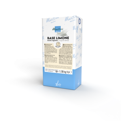 Envase de 1 litro de base líquida de limón Martini Gelato Base Limone, empaque blanco y azul con etiqueta.