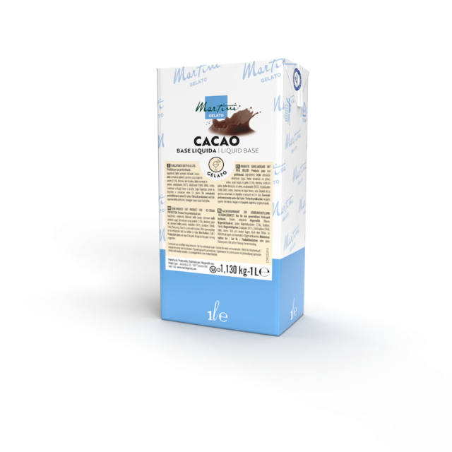 Caja de 1 litro de base líquida Martini Gelato Cacao, envase azul y blanco con salpicadura de chocolate