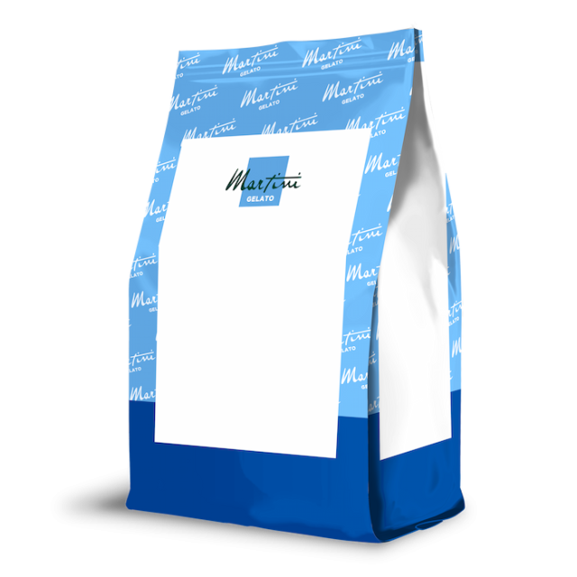 Bolsa doypack con estampado azul claro arriba, azul oscuro abajo y etiqueta blanca con "Martini Gelato"