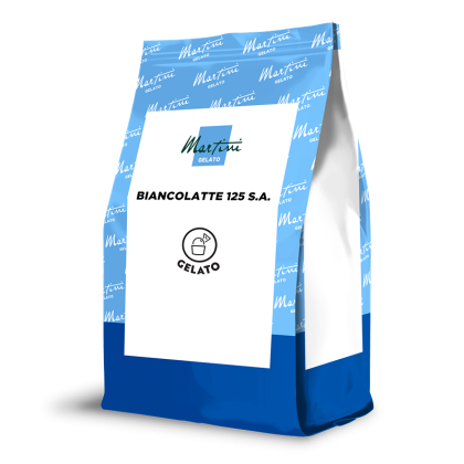 Bolsa doypack azul y blanca Martini Gelato Biancolatte 125 S.A. con icono de cuchara de gelato