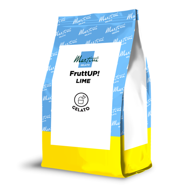 Bolsa doypack azul y amarilla Martini Gelato FruttUP! Lima, con icono de cuchara de gelato en la etiqueta