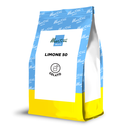 Bolsa doypack azul y amarilla de Martini Gelato Limone 50, mezcla en polvo, etiqueta blanca.