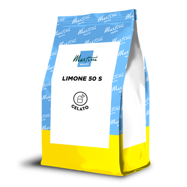 Bolsa doypack azul y amarilla con etiqueta "Martini Gelato Limone 50 S" e icono de cuchara de gelato.
