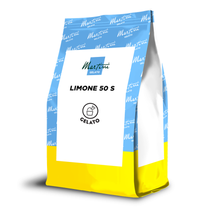 Bolsa doypack azul y amarilla con etiqueta "Martini Gelato Limone 50 S" e icono de cuchara de gelato.