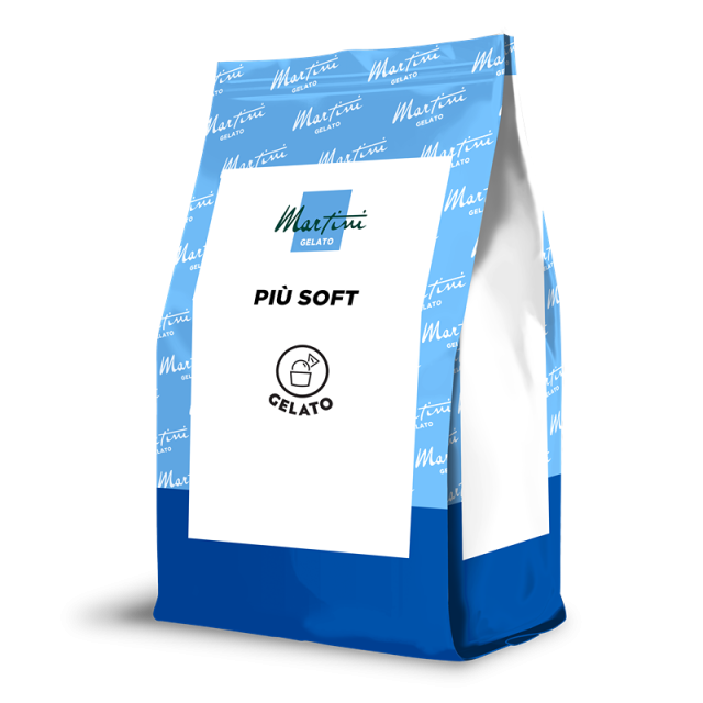 Bolsa doypack azul y blanca con etiqueta "Martini Gelato Più Soft" e icono de cuchara de gelato.