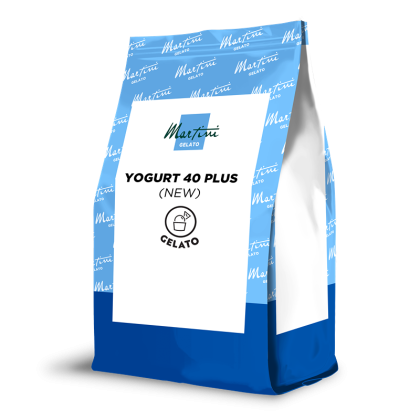 Bolsa autoestable azul y blanca con etiqueta "Martini Gelato, Yogurt 40 Plus (New)" e ícono de cuchara de helado.