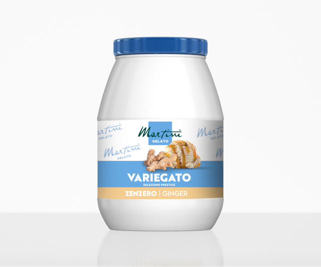 Tarro plástico blanco con tapa azul, Martini Gelato Variegato Zenzero sabor jengibre, con imágenes de raíz y gelato