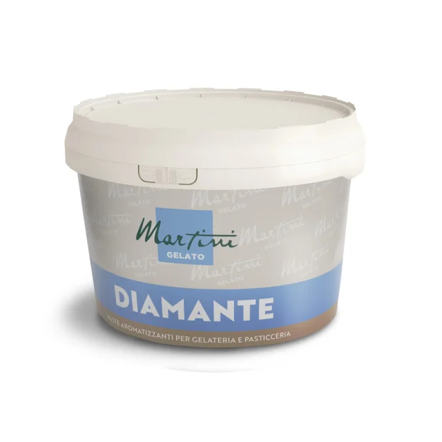 Tarrina blanca de pasta saborizante Martini Gelato Diamante para helado y pastelería, etiqueta gris y azul