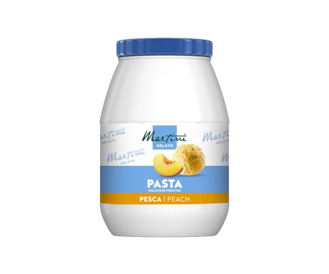 Bote plástico blanco con tapa azul, etiqueta Martini Gelato Pasta Selezione Prestige sabor melocotón, con imágenes de...
