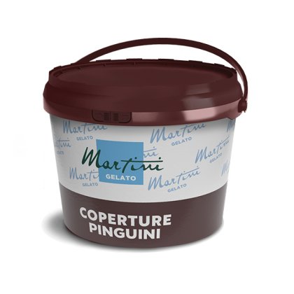 Cubo de plástico marrón oscuro con asa etiquetado Martini Gelato Coperture Pinguini, cobertura de chocolate
