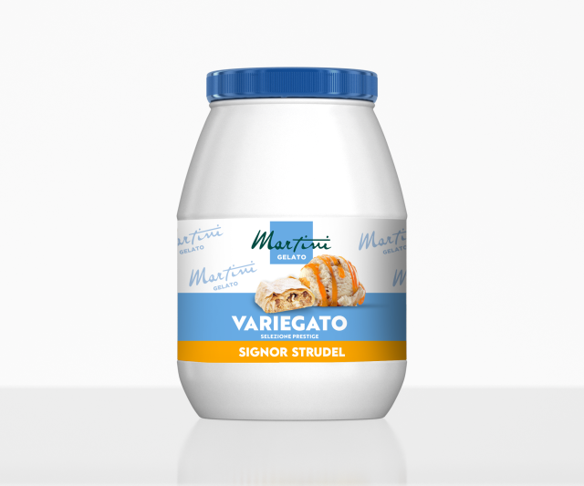 Tarro de plástico blanco con tapa azul, etiquetado Martini Gelato Variegato Signor Strudel con imagen de repostería.