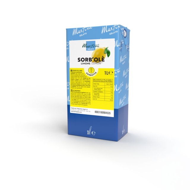 Envase azul de 1L Martini Gelato Sorb'Olè sorbete de limón con etiqueta amarilla con ilustraciones de limón