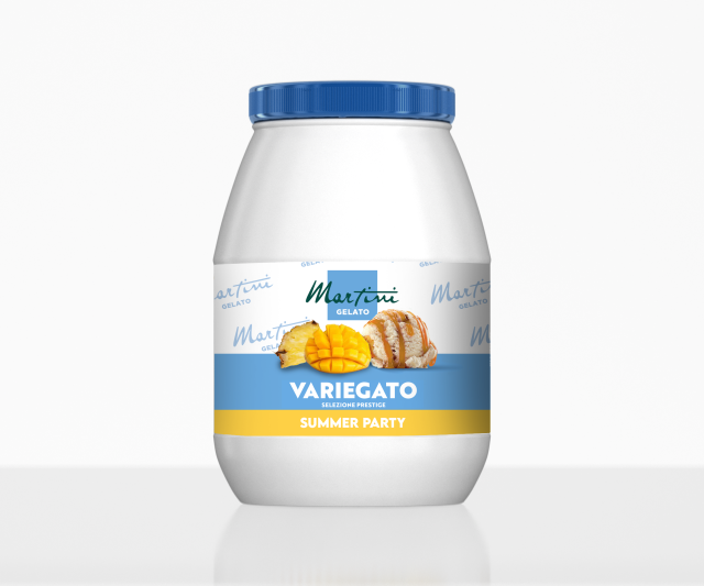 Tarro de plástico blanco con tapa azul etiquetado "Martini Gelato Variegato Summer Party", con mango, piña y galletas
