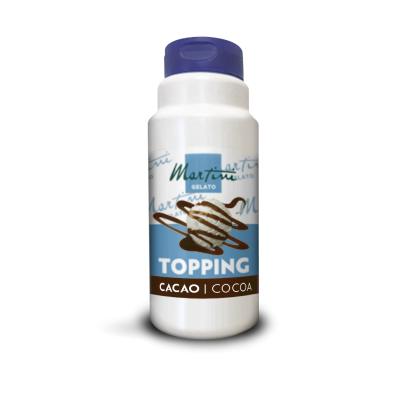 Botella de plástico blanca de salsa de cacao Martini Gelato, tapa azul, etiqueta con bola de helado