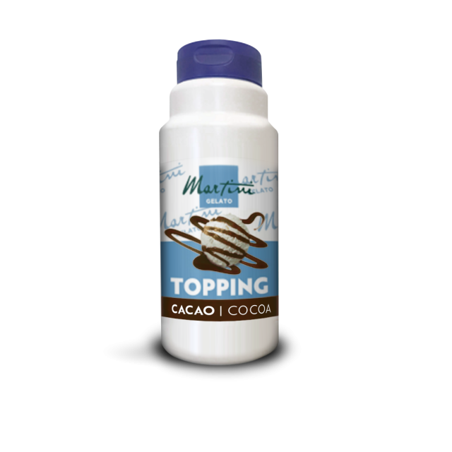 Botella de plástico blanca de salsa de cacao Martini Gelato, tapa azul, etiqueta con bola de helado