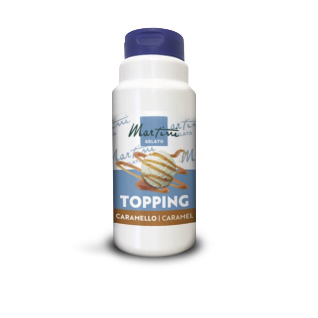 Bote de plástico blanco de topping de caramelo Martini Gelato Caramello con bola de helado bañada en caramelo