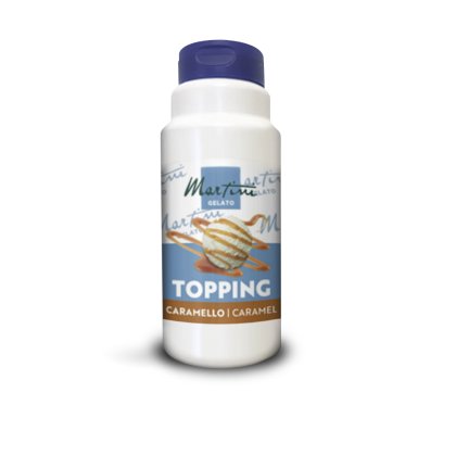 Bote de plástico blanco de topping de caramelo Martini Gelato Caramello con bola de helado bañada en caramelo