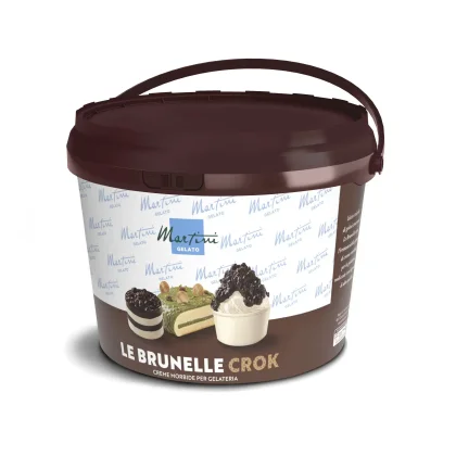 Tarrina de plástico marrón de Martini Gelato "Le Brunelle Crok", crema para helado soft, etiquetada Creme Morbide per...