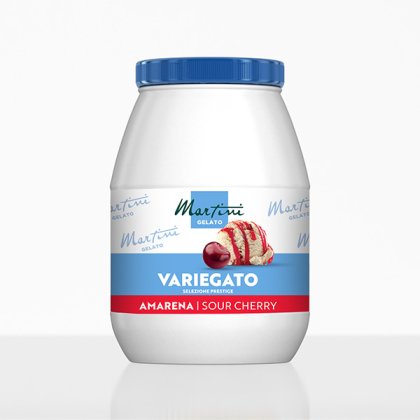 Tarrina de plástico blanco de Martini Gelato Variegato Amarena Sour Cherry con tapa azul y etiqueta de helado de cereza.