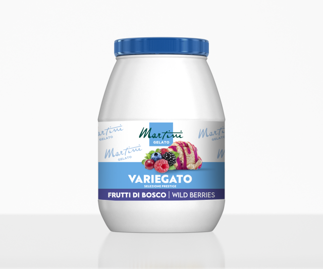 Tarro de plástico blanco con tapa azul, etiqueta Martini Gelato Variegato Frutti di Bosco Wild Berries, con bayas y h...