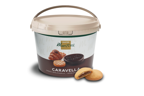 Cubo de plástico blanco de crema para untar Master Martini Caravella, con imágenes de croissant y galleta en la etiqu...