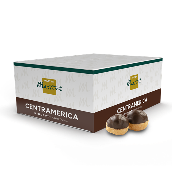 Caja de chocolate compound Master Martini Centramerica junto a dos petisús glaseados cubiertos con chocolate negro.