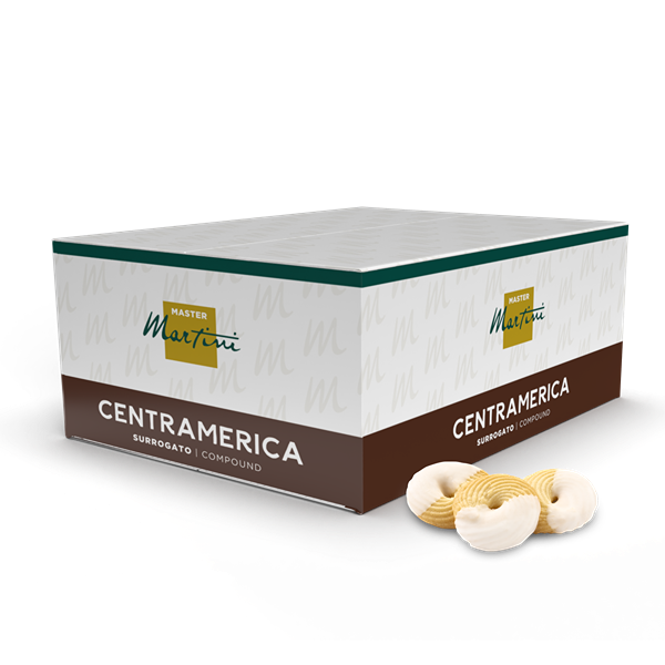Caja de cobertura blanca compuesta Master Martini Centramerica con tres galletas espirales al lado
