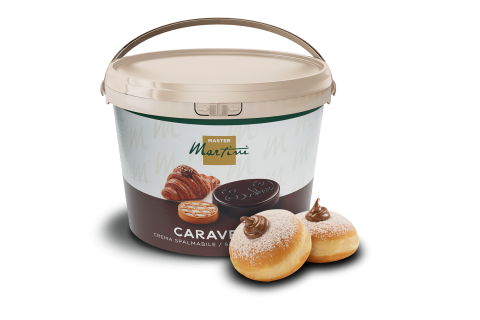 Cubo grande de crema de chocolate para untar Master Martini Caravella junto a dos donuts con azúcar glas rellenos de ...