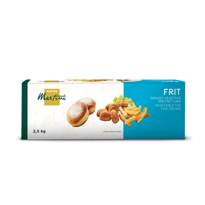 Caja de grasa vegetal de fritura Master Martini FRIT, 2,5 kg, con donuts azucarados, nuggets fritos y patatas fritas