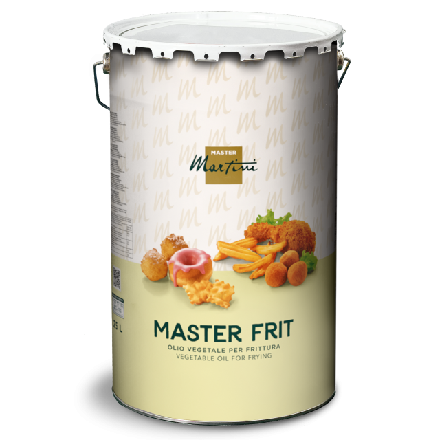 Lata metálica de aceite de fritura Master Martini "Master Frit", etiqueta beige con imágenes de frituras, 25L